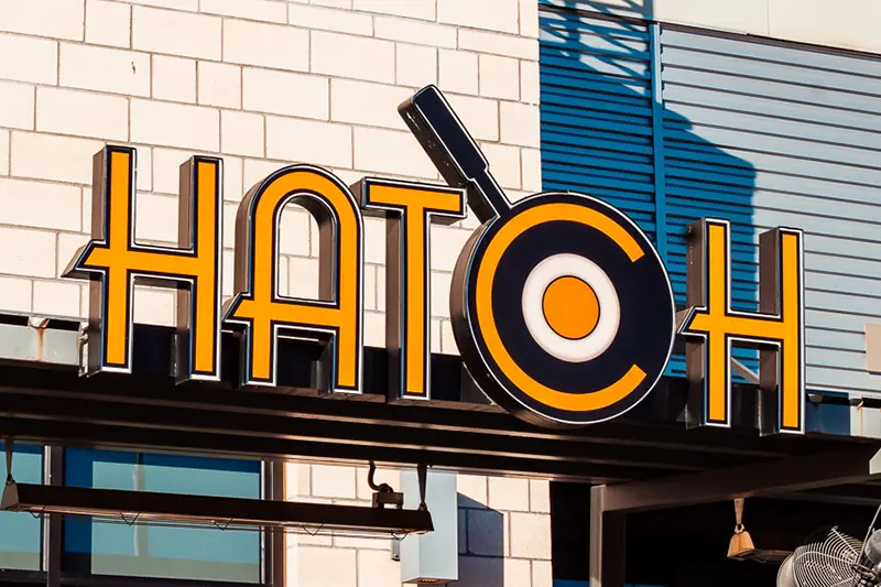 Hatch Early Mood Food location sign.